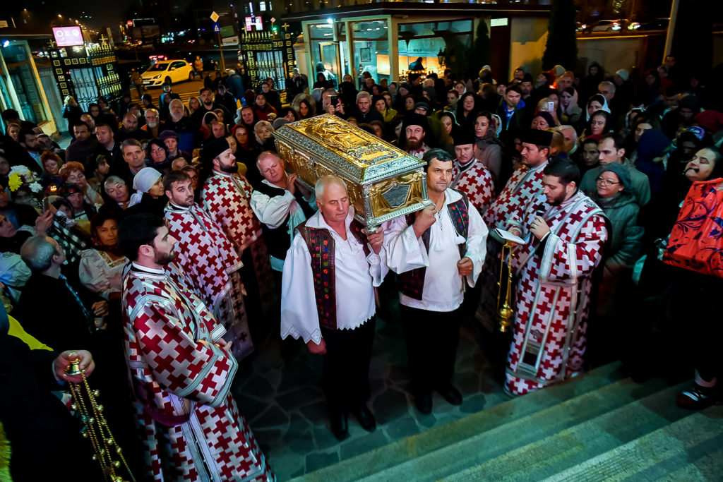 Relics of St John Chrysostom carried in procession at National Cathedral Chapel in Bucharest