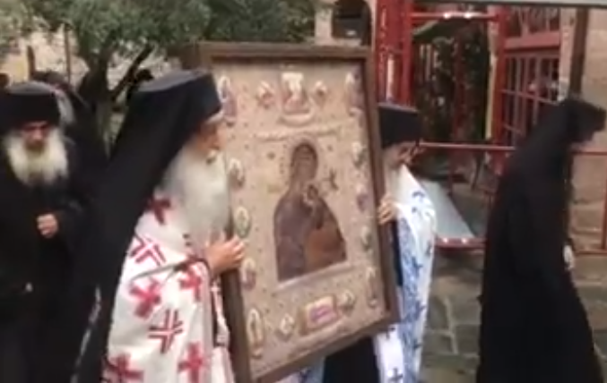 Annual Bright Tuesday litany of Holy Icon of the Mighty Protection limited to Catholicos courtyard of Koutloumousiou Monastery