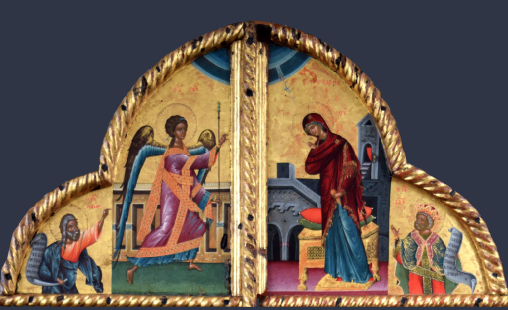 Fragment me skenën e “Ungjillëzimit” nga dyert e bukura të pikturuara për kishën e Ungjillëzimit, Berat nga Onufri