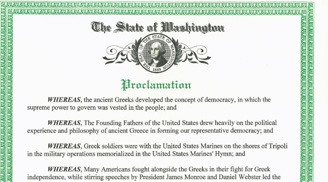 Greek Independence Day Proclamation, State of Washington