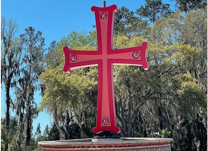 BEAUTIFUL NEW CROSS WELCOMES PILGRIMS AT PANAGIA VLAHERNON MONASTERY IN FLORIDA