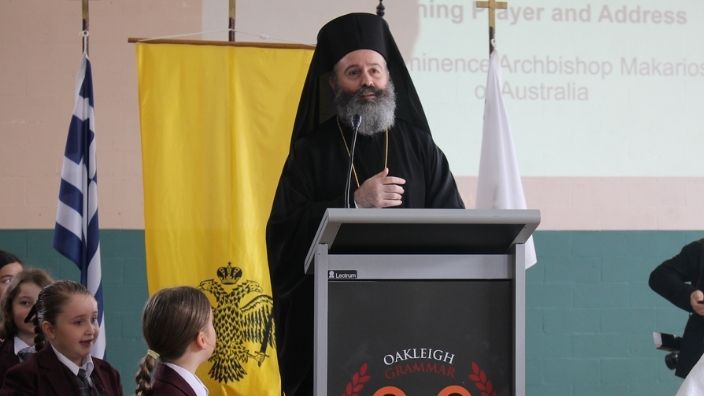Archbishop Makarios attends Oakleigh Grammar new Term Commencement Assembly