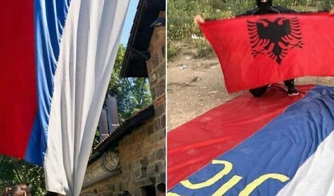 KOSOVO ALBANIAN STEALS, TRAMPLES ON SERBIAN CHURCH FLAG