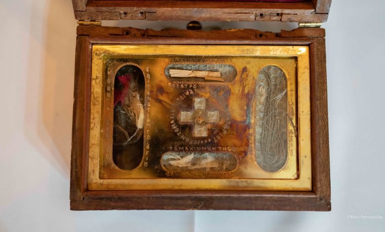 A small portion of Saint Nektarios’ relics in the Wollongong Parish of Saint Nektarios