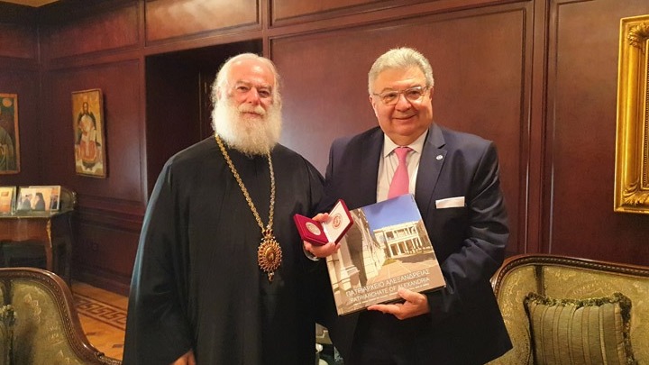 Patriarch of Alexandria Theodoros II receives Sec-Gen of Hellenes Abroad & Public Diplomacy Chrysoulakis