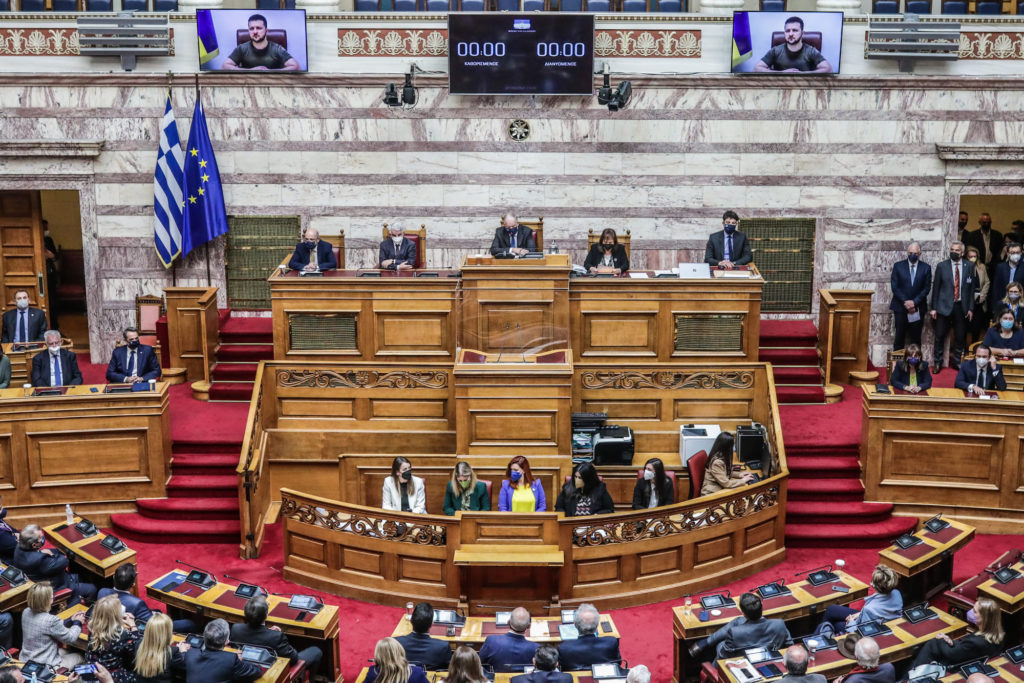 Ukrainian President Zelensky addresses Greece’s Parliament on Thur.