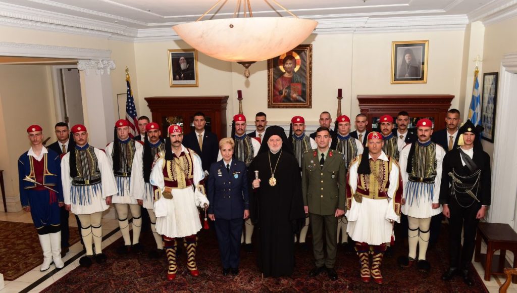 Archbishop Elpidophoros of America Welcomes Evzones to the Archdiocese, Attends Bowling Green Flag-Raising Ceremony