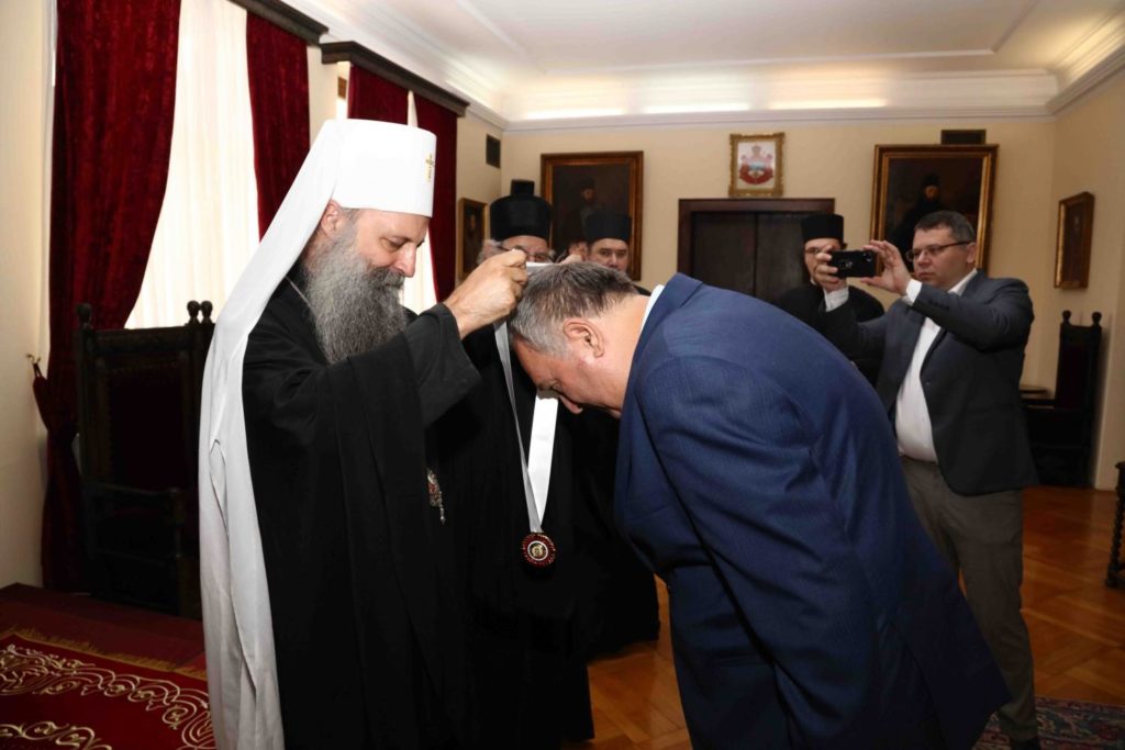 Patriarch of Serbia Porfirije bestows Order of St. Stefan Lazarević to Dragan Vukic