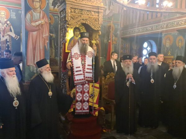 Patriarch of Serbia Porfirije greeted by hundreds of faithful during visit to historic Monastery of the Nativity of the Holy Mother, at Lake Ohrid