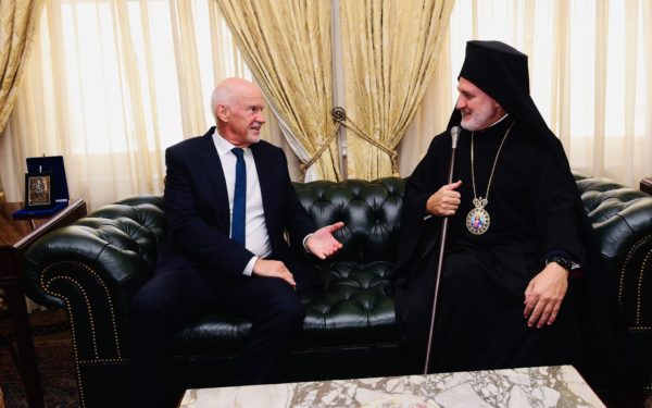 Archbishop Elpidophoros welcomes ex-PM Papandreou to Archdiocese