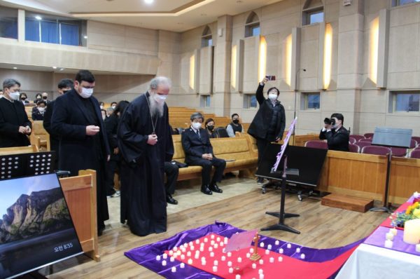 Metropolitan of Korea Ambrosios participates in a prayer service, peaceful protest against war in Ukraine