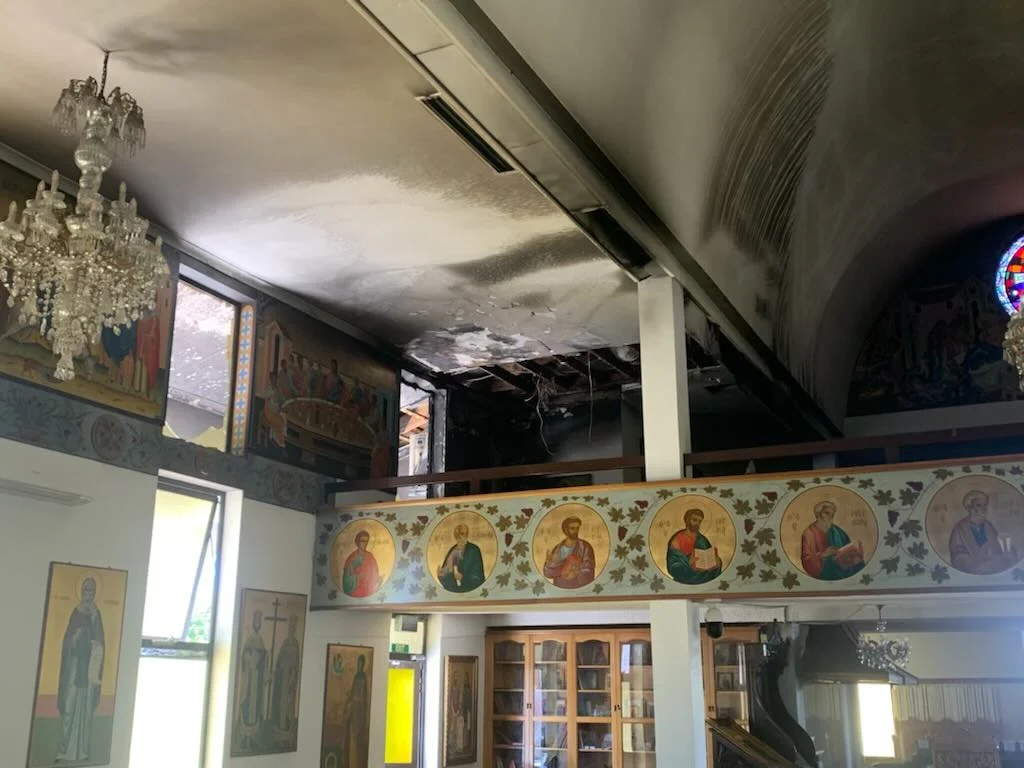 Extensive fire damage at the Holy Church of Saints Anargiri in Oakleigh, Melbourne