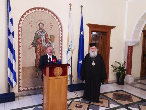 Newly enthroned Archbishop of Cyprus Georgios III receives political party leader Neofytou