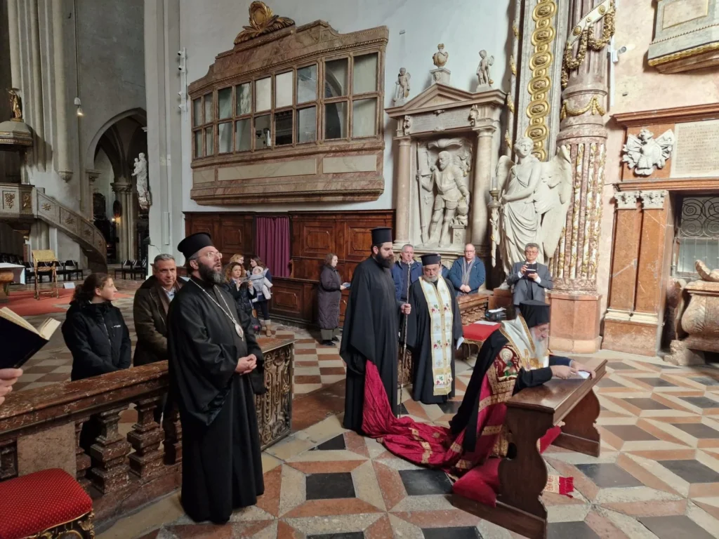 Archbishop Evgenios of Crete before the Holy Icon of Panagia of Chandaka, in Vienna