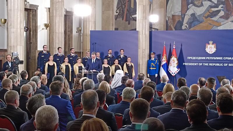 Patriarch of Serbia Porfirije attends event at the presidential mansion commemorating Sovereignty Day