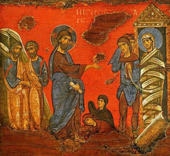Εμφάνιση του Αγίου Λαζάρου και των αδελφών του Μάρθας και Μαρίας σε τραυματία ατυχήματος