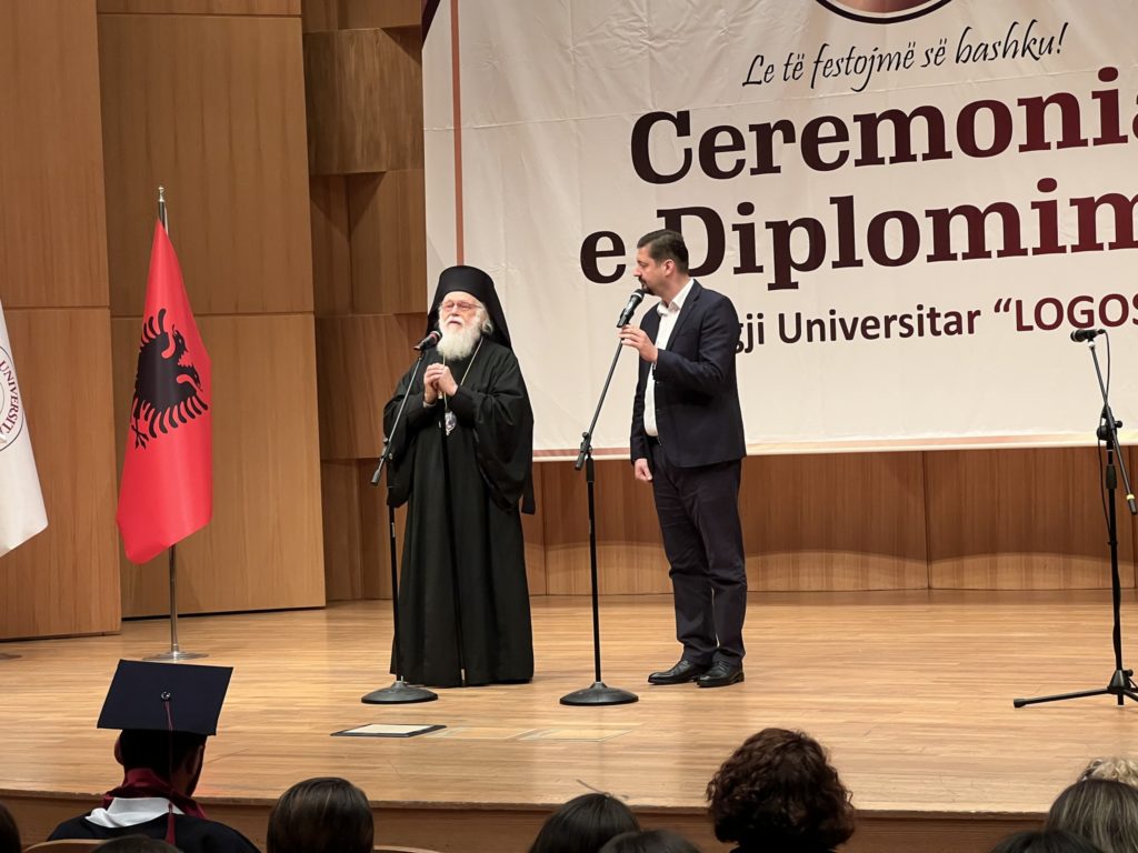 FJALA E PRESIDENTIT TE΄ FONDACIONIT “LOGOS” , PROF. DR. ANASTASIT, MBAJTUR G JATE CEREMONISE SE DIPLOMIMIT TE STUDENTEVE TE KOLEGJIT UNIVERSITAR ” LOGOS” 2023