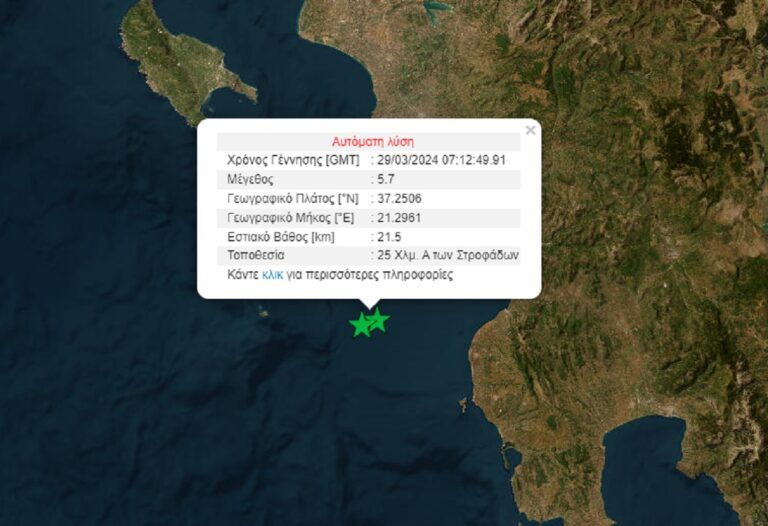 Ισχυρή σεισμική δόνηση 5,7 Ρίχτερ ανοιχτά των Στροφάδων