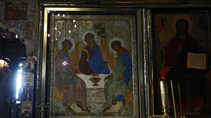 Rublev Trinity Icon installed in Lavra iconostasis in climate-controlled kiot