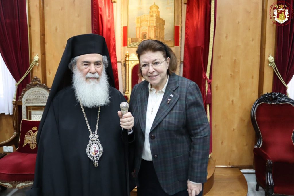 His  Beatitude Theophilos III welcomes Greek Minister of Culture Lina Mendon at the Patriarchate of Jerusalem