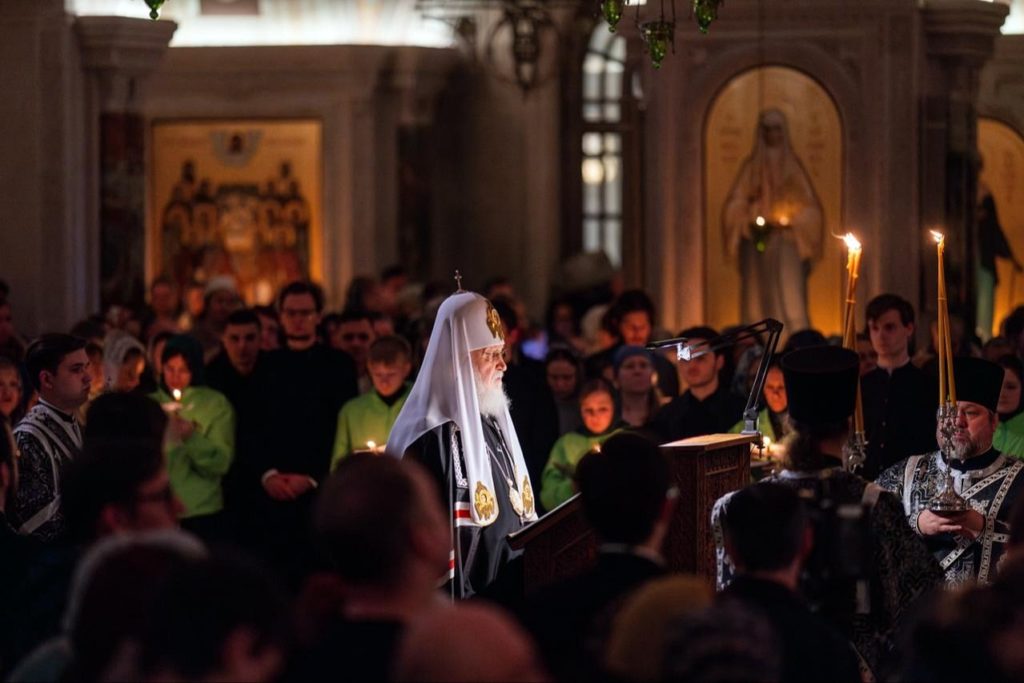Во вторник первой седмицы Великого поста Святейший Патриарх Кирилл совершил повечерие с чтением Великого канона прп. Андрея Критского в Сретенском ставропигиальном монастыре