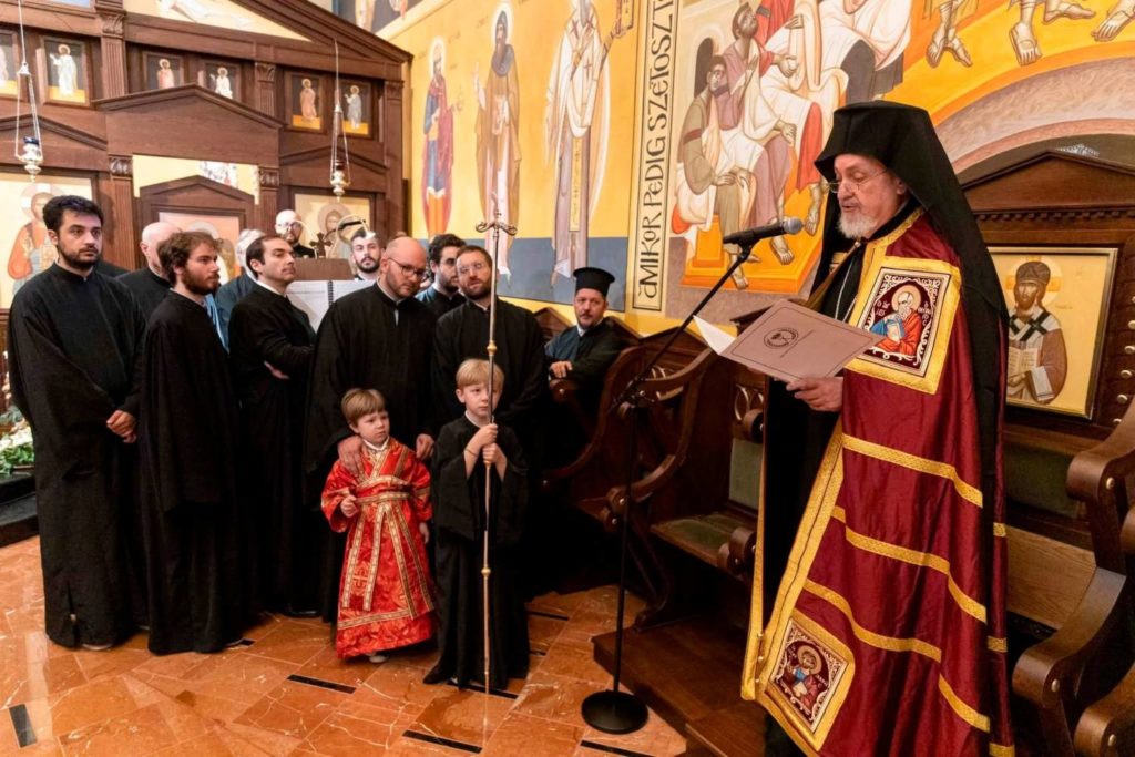 Elder Metropolitan Emmanuel of Chalcedon presides at the Church of the Holy Three Hierarchs in Budapest