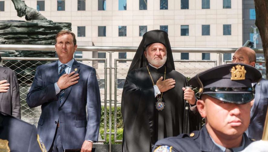 Archbishop Elpidophoros gives benediction at Port Authority Memorial dedication